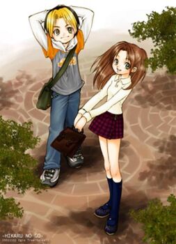  1boy 1girl 2001 :d arms_behind_head arms_up artist_name bad_id bag black_hair blonde_hair blue_pants blue_socks brown_bag brown_hair closed_mouth collared_shirt commentary_request copyright_name dated fujisaki_akari green_bag hikaru_no_go holding holding_bag kneehighs layered_sleeves long_hair long_sleeves lowres miniskirt multicolored_hair open_mouth pants plaid_clothes plaid_skirt red_skirt saikachi_(ogre_tree) school_bag shadow shindou_hikaru shirt shoes short_hair skirt smile socks standing two-tone_hair white_shirt yellow_eyes 