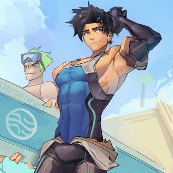  2boys arm_up armpits bare_shoulders black_hair black_pants blue_tank_top bodysuit brown_eyes close-up clothes_around_waist collarbone commentary covered_abs diving_mask elbow_gloves english_commentary eyewear_on_head genji_(overwatch) gloves goggles hair_bun hand_on_own_head hardcorechewie4 highres holding holding_surfboard multiple_boys muscular muscular_male overwatch palm_tree pants pectorals single_elbow_glove sketch sky sleeveless sleeveless_bodysuit surfboard tank_top tight_clothes toned toned_male tree unfinished upper_body wuyang_(overwatch) 