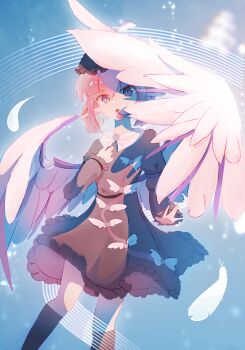  1girl absurdres aicc animal_ears bird_ears bird_wings blue_headscarf bow brown_dress brown_hat brown_kimono dress food_stand hat headscarf highres japanese_clothes jewelry kimono music mystia_lorelei open_mouth pink_hair red_eyes shirt shoes short_hair singing sleeve_garter solo touhou white_wings winged_hat winged_shoes wings yatai 