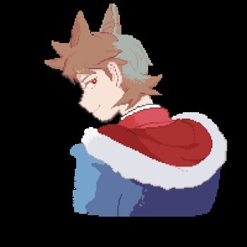  1boy animated animated_gif animification blinking blue_coat brown_hair coat commentary eddsworld english_commentary flipped_hair from_behind hair_ears hood hood_down long_sleeves looking_at_viewer looking_back looping_animation lowres male_focus pixel_art profile red_eyes red_hood red_leader_(eddsworld) short_hair simple_background smile solo tord_(eddsworld) transparent_background yesterdayheadache 