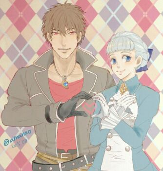  1boy 1girl alice_elliot amenoimo black_gloves blue_eyes checkered_background closed_mouth commentary_request dated gloves jewelry looking_at_viewer necklace open_mouth shadow_hearts short_hair smile yuri_hyuga 