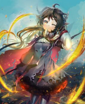  1girl ;o ahoge animal_ears arknights arm_up artist_name black_pantyhose blue_sky breasts brown_eyes brown_hair burnt_clothes cape commentary_request cowboy_shot curled_horns day dress eyjafjalla_(arknights) feet_out_of_frame fire goggles grey_dress hand_in_own_hair highres holding holding_staff horns kittika_thaworn long_hair long_sleeves looking_at_viewer mask mask_around_neck one_eye_closed originium_arts_(arknights) outdoors pantyhose parted_lips purple_dress respirator sheep_ears sheep_girl sheep_horns sky small_breasts solo staff standing torn_clothes torn_dress unworn_goggles 