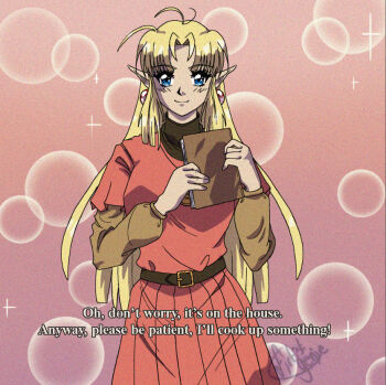  1990s_(style) 1girl ahoge anime_coloring belt blonde_hair blue_eyes book brown_belt commission commissioner_upload deltaflareon dress earrings elf english_text fake_screenshot film_grain flat_chest holding holding_book jewelry long_hair long_sleeves looking_at_viewer lotte_farona official_art orange_dress orange_shirt parody parted_bangs pointy_ears retro_artstyle shirt signature smile solo sparkle style_parody subtitled ways_of_darkness_(series) 