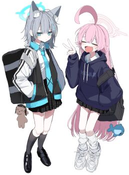  2024 2girls ahoge animal_ear_fluff animal_ears black_bag black_shoes black_skirt black_socks blue_archive blue_eyes blue_halo blue_hoodie blue_necktie blush cat_ears charm_(object) closed_eyes fang grey_hair halo highres hood hoodie hoshino_(blue_archive) long_hair multiple_girls necktie o44cat pink_hair pink_halo shiroko_(blue_archive) shoes skin_fang skirt smile socks standing v very_long_hair white_background white_footwear white_socks  rating:General score:7 user:randomwriter391