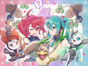  2girls ahoge aqua_eyes aqua_hair aqua_necktie aqua_trim arm_tattoo black_skirt blush boots borrowed_hairstyle closed_mouth collared_shirt commentary_request detached_sleeves ditto drill_hair farfetch'd gen_1_pokemon gen_2_pokemon gen_5_pokemon grey_shirt hair_between_eyes hair_ornament hatsune_miku headset kasane_teto kasane_teto_(utau) legendary_pokemon long_hair long_sleeves looking_at_another looking_at_viewer meloetta meloetta_(aria) meloetta_(pirouette) mido_(mido504) miniskirt mirror multiple_girls mythical_pokemon necktie nintendo number_tattoo one_eye_closed pleated_skirt pokemon project_voltage red_eyes red_hair red_necktie red_trim shirt skirt smile sudowoodo tattoo twin_drills twintails twitter_username unown unown_! unown_? utau very_long_hair vocaloid wide_sleeves 