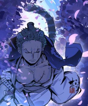  1boy animal_ears chonmage earrings green_hair highres japanese_clothes jewelry kimono male_focus mrjieshisu one_piece petals pink_petals roronoa_zoro scar scar_across_eye scar_on_face short_hair solo stitched_torso stitches sword tail tiger_ears tiger_tail topknot weapon wide_sleeves 