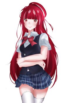  1girl absurdres ahoge alternate_costume alternate_hairstyle black_vest blue_skirt blush bow bowtie breasts closed_mouth commentary cowboy_shot crossed_arms demise_(official_makuu) english_commentary highres kureiji_ollie_(living) long_hair looking_at_viewer miniskirt multicolored_hair olivia_(kureiji_ollie) pink_streaks plaid_clothes plaid_skirt pleated_skirt red_bow red_bowtie red_eyes red_hair school_uniform shirt short_sleeves simple_background skirt small_breasts smile solo straight_hair streaked_hair thighhighs vest white_background white_shirt white_thighhighs zettai_ryouiki 