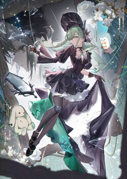  1girl absurdres arknights asymmetrical_gloves asymmetrical_sleeves bang_dream! bang_dream!_it's_mygo!!!!! black_dress black_gloves black_shoes black_thighhighs bonnet closed_mouth commentary dress floppy_ears full_body gloves gothic_lolita green_hair highres kuren_kren lolita_fashion long_hair long_sleeves looking_at_viewer mismatched_gloves partially_fingerless_gloves shoes short_sleeves stuffed_animal stuffed_toy thighhighs uneven_sleeves untranslatable_commentary wakaba_mutsumi wakaba_mutsumi_(marionette's_id) yellow_eyes 