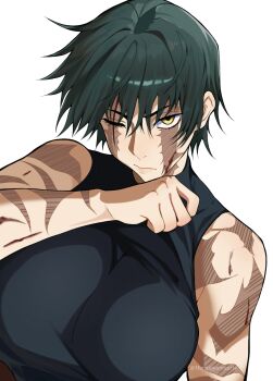  1girl bare_shoulders black_shirt blood blood_on_face breasts closed_mouth commentary_request green_hair harutoyumaarts highres jujutsu_kaisen large_breasts looking_at_viewer multiple_scars muscular muscular_female one_eye_closed scar scar_across_eye scar_on_face shirt short_hair solo yellow_eyes zen'in_maki zen'in_maki_(post_shibuya) 