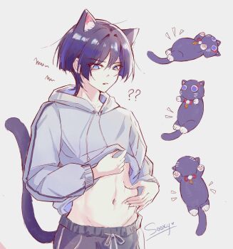  1boy ? ?? absurdres alternate_costume animal_ear_fluff animal_ears animalization artist_name black_hair black_shorts blue_eyes blunt_ends bright_pupils casual cat cat_boy cat_ears cat_tail clothes_lift colored_inner_hair contemporary deep_skin drawstring eyeliner genshin_impact highres hood hood_down hoodie hoodie_lift looking_down makeup male_focus multicolored_hair navel notice_lines open_mouth person_and_animalization pinching_own_belly purple_cat purple_hair red_eyeliner scaramouche_(cat)_(genshin_impact) scaramouche_(genshin_impact) shorts solo sooxy tail tsurime white_background white_hood white_hoodie white_pupils 