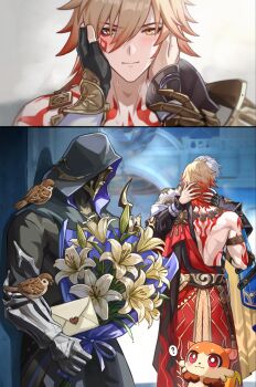  3boys ? animal animal_on_shoulder antenna_hair arm_tattoo armlet armor back_tattoo bird bird_on_shoulder black_cloak black_coat black_gloves black_shirt blonde_hair blue_cape blue_eyes blush bouquet braid cape chimera_(honkai:_star_rail) clawed_gauntlets cloak coat commentary earrings facial_tattoo fingerless_gloves flame_reaver_of_the_deepest_dark flower gloves gold_earrings gold_necklace gradient_hair hands_on_another's_cheeks hands_on_another's_face highres holding holding_bouquet holding_letter honkai:_star_rail honkai_(series) hood hood_up hooded_cloak jean_warrior00 jewelry kiss letter male_focus medium_hair multicolored_hair multiple_boys mydei_(fig_stew)_(honkai:_star_rail) mydei_(honkai:_star_rail) necklace open_clothes open_coat pauldrons phainon_(honkai:_star_rail) red_cape red_hair red_tattoo shirt short_hair shoulder_armor side_braid side_cape single_glove single_pauldron spoken_question_mark tattoo white_coat white_hair yaoi yellow_eyes 