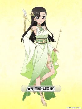  1girl anklet armlet arrow_(projectile) asymmetrical_bangs bare_shoulders belt black_eyes black_hair blunt_bangs blunt_ends blush bow_(weapon) breasts character_name choker commentary_request constellation_print detached_sleeves dress earrings feather_hair_ornament feathers full_body girls_und_panzer girls_und_panzer_senshadou_daisakusen! gold_shoes gradient_background gradient_clothes gradient_dress green_dress hair_ornament hand_on_own_hip high_heels holding holding_arrow jewelry legs long_hair looking_at_viewer necklace nishi_kinuyo official_art ring sagittarius_(constellation) sagittarius_(zodiac) shoes sleeveless sleeveless_dress smile standing standing_on_one_leg thighlet thighs translated weapon wide_sleeves yellow_background zodiac 