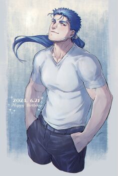  1boy 2024 alternate_costume asymmetrical_hair belt black_pants blue_hair border cropped_legs cu_chulainn_(fate) dated earrings gradient_background hair_ornament hands_in_pockets happy_birthday head_tilt highres inamugi jewelry long_hair looking_to_the_side low_ponytail male_focus pants pectorals ponytail red_eyes shirt solo t-shirt toned toned_male white_shirt  rating:General score:1 user:Menace5