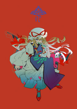  1girl blonde_hair bow chinese_commentary commentary_request dress folding_fan full_body gap_(touhou) hair_bow hand_fan hat hat_ribbon highres holding holding_fan long_hair long_sleeves looking_at_viewer mob_cap purple_eyes purple_tabard ratuna3300 red_background red_bow red_ribbon red_shoes ribbon shoes sidelocks simple_background solo tabard touhou trigram umbrella very_long_hair white_dress white_hat wide_sleeves yakumo_yukari 