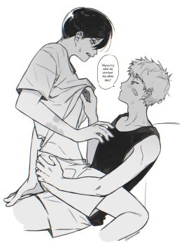  2boys adam's_apple bandaid bandaid_on_cheek bandaid_on_face english_text from_side greyscale hand_on_another's_ass hand_under_clothes hand_under_shirt highres hikaru_ga_shinda_natsu hikayosweet indou_hikaru male_focus mole mole_on_neck mole_under_eye monochrome multiple_boys multiple_moles shirt short_hair shorts simple_background sitting sitting_on_lap sitting_on_person speech_bubble tank_top tsujinaka_yoshiki twitter_username white_background yaoi 