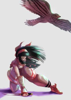  1girl ainu_clothes arm_behind_back artist_request black_eyes black_hair breasts fingerless_gloves gloves hair_ribbon highres kneeling leaning_forward legs long_hair mamahaha medium_breasts nakoruru pants ribbon samurai_spirits serious snk source_request the_king_of_fighters thighs weapon 
