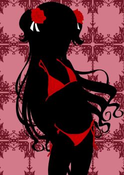  1girl bikini cowboy_shot etomon34 female_focus flower hair_flower hair_ornament halterneck highres kate_(shadows_house) loli long_hair patterned_background purple_background red_bikini red_flower red_rose rose shadow_(shadows_house) shadows_house side-tie_bikini_bottom solo swimsuit two_side_up 