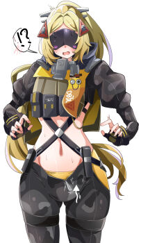  !? 1girl absurdres black_pants black_shrug blindfold_mask blonde_hair blush camouflage camouflage_jacket camouflage_pants caseee999 commentary_request covered_eyes cowboy_shot hair_ornament highres jacket latex_pants long_hair mask navel pants ponytail shrug_(clothing) sweat tight_clothes tight_pants triangle_hair_ornament trigger_(zenless_zone_zero) white_background zenless_zone_zero zipper_pull_tab 