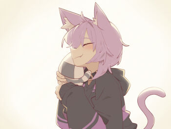  1girl absurdres ahoge animal_ear_fluff animal_ears cat_ears cat_girl cat_tail closed_eyes cocomayo29_(tomato) commentary_request fang highres hololive hood hoodie hug korean_commentary long_sleeves nekomata_okayu nekomata_okayu_(1st_costume) onigirya_(nekomata_okayu) puffy_sleeves purple_hair simple_background smile tail virtual_youtuber 