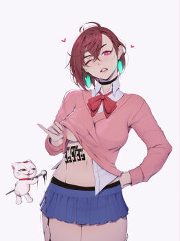  2girls absurdres ayase_momo body_writing breasts brown_hair calligraphy_brush clothes_lift dandadan earrings flashing hand_on_own_hip head_tilt heart highres ink jewelry liya_nikorov maneki-neko miniskirt multiple_girls navel no_bra paintbrush pink_sweater school_uniform shirt_lift short_hair skirt stomach sweater turbo_granny_(dandadan) underboob 