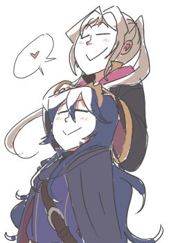 2girls blush closed_eyes davewaterfalls female_robin_(fire_emblem) fire_emblem fire_emblem_awakening hand_on_another's_head heart long_hair lucina_(fire_emblem) mother_and_daughter multiple_girls nintendo simple_background speech_bubble tiara twintails
