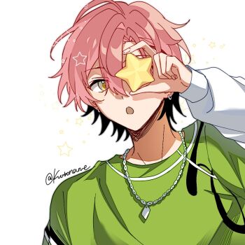  1boy :o commentary earrings ensemble_stars! fingernails hand_up hoop_earrings jewelry kuon_mashu long_sleeves male_focus mingxi necklace one_eye_covered open_mouth pink_hair short_hair simple_background solo star_(symbol) symbol-only_commentary twitter_username upper_body white_background yellow_eyes 