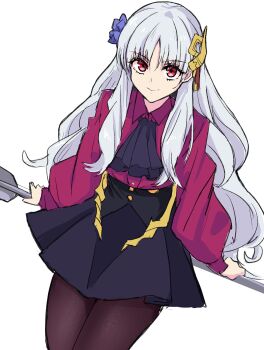  1girl absurdres ascot black_ascot black_pantyhose black_skirt blue_flower commentary_request fate/strange_fake fate_(series) fillia_(fate) flower hair_flower hair_ornament high-waist_skirt highres long_hair looking_at_viewer notonaon pantyhose red_eyes red_shirt shirt simple_background skirt solo white_background white_hair 