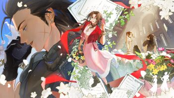  1boy 1girl aerith_gainsborough armor basket black_gloves black_hair blue_eyes blue_sky boots bracelet braid braided_ponytail brown_hair choker church commentary couple crisis_core:_final_fantasy_vii cross_scar cyrushisa dress earrings english_commentary facial_scar final_fantasy final_fantasy_vii final_fantasy_vii_remake flower full_body gloves green_eyes hair_ribbon hetero highres holding holding_basket holding_phone jacket jewelry leaning_forward letter lily_(flower) long_hair multiple_views open_clothes open_jacket open_mouth parted_bangs phone pink_dress pink_flower pink_ribbon ponytail profile red_flower red_jacket red_ribbon ribbon scar scar_on_cheek scar_on_face shoulder_armor sitting sky sleeveless sleeveless_turtleneck spiked_hair standing stud_earrings sweater talking_on_phone turtleneck turtleneck_sweater upper_body wagon white_flower yellow_flower zack_fair 