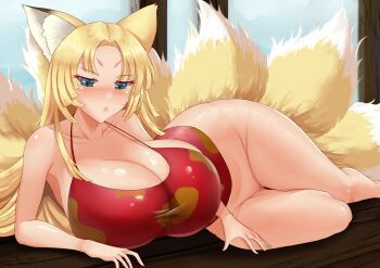  1girl absurdres animal_ears bare_shoulders blonde_hair blue_eyes blush bottomless breasts cleavage collarbone curvy embarrassed fox_ears fox_girl fox_tail highres huge_breasts long_hair lying mokachu multiple_tails no_pussy on_floor on_side shoulderless shirt solo tail thighs wide_hips  rating:Sensitive score:35 user:Xander