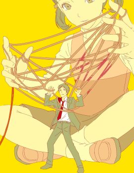  1boy 1girl adachi_tooru black_hair black_jacket black_pants blood brown_eyes brown_hair brown_skirt business_suit cat's_cradle child collared_shirt commentary_request doujima_nanako entangled flat_color formal_clothes from_below full_body giant giantess green_eyes hands_up highres indian_style jacket korean_commentary limited_palette long_sleeves looking_at_another necktie nervous nervous_sweating pants persona persona_4 pink_shoes pink_vest red_necktie shirt shoes short_hair short_twintails simple_background sitting size_difference skirt socks suit sweat sweater sweater_vest tosssqqq turtleneck turtleneck_sweater twintails upturned_eyes very_short_hair vest white_shirt white_socks white_sweater yellow_background 