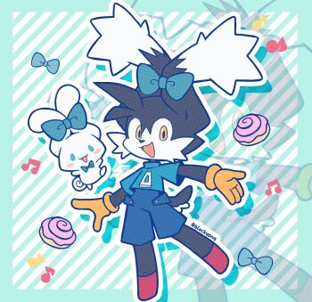  blue_eyes cinnamoroll fuwa_fuwa_cinnamoroll gloves happy highres kaze_no_klonoa klonoa musical_note ribbon sanrio smile yellow_eyes  rating:General score:4 user:Chaos11