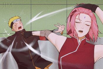  1boy 1girl adjusting_hair boruto:_naruto_next_generations closed_eyes commentary english_commentary hand_in_own_hair hand_on_own_head haruno_sakura highres hitting jab meme naoya_hitting_choso_without_looking_(meme) naruto:_the_last naruto_(series) parody punching scene_reference tenartistt uzumaki_naruto 