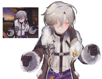  1boy black_gloves blush coat commentary_request earrings fur-trimmed_coat fur_trim genshin_impact gloves grey_hair hair_between_eyes highres illuga_(genshin_impact) jewelry male_focus mogugu_x mole mole_under_eye multicolored_hair red_eyes scar scar_on_neck scene_reference silver_trim single_earring sleeveless sleeveless_turtleneck solo sweater turtleneck turtleneck_sweater two-tone_hair vision_(genshin_impact) white_background 