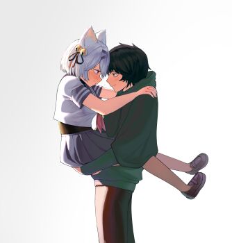  1boy 1girl absurdres animal_ear_fluff animal_ears bell black_hair black_pants blue_sailor_collar blush carrying carrying_person cat_ears cat_girl chin_rest filian_(vtuber) green_eyes green_hoodie hair_bell hair_ornament hairband half-closed_eyes hands_on_another's_ass hands_on_another's_shoulder head_on_head head_rest height_difference highres hood hoodie indie_virtual_youtuber jingle_bell legs_up loafers looking_at_another otjareniy pants purple_eyes ribbon rindo_(vrchat) sailor_collar sailor_shirt school_uniform serafuku shirt shoes short_hair short_sleeves simple_background skirt smile standing undershirt vedal987 vedal_ai virtual_youtuber white_background white_hair 