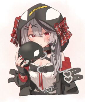  1girl 1nose_yuuka animal_hood arm_belt black_gloves black_hair black_jacket bow braid breasts camisole cleavage closed_mouth commentary_request cropped_torso fingerless_gloves gloves grey_hair hair_between_eyes hair_ornament hairclip highres holding holding_mask hololive hood hood_up hooded_jacket jacket light_blush light_smile long_hair long_sleeves looking_at_viewer mask multicolored_hair nail_polish orca_hood plaid_bow red_bow red_eyes red_nails sakamata_chloe sakamata_chloe_(1st_costume) side_braid simple_background solo streaked_hair two-tone_hair virtual_youtuber white_background x_hair_ornament 