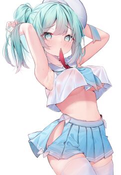 1girl aqua_eyes aqua_hair armpits arms_up beret blue_sailor_collar blue_skirt blush bow skirt_bow breasts clothing_cutout commission covered_erect_nipples cowboy_shot crop_top cropped_shirt eip_(pepai) embarrassed hair_intakes hand_in_own_hair hat highres hip_vent large_breasts looking_at_viewer midriff miniskirt neckerchief neckerchief_in_mouth no_bra original pleated_skirt red_neckerchief sailor_collar shirt simple_background skeb_commission skindentation skirt sleeveless sleeveless_shirt solo sweat thighhighs twintails underboob white_background white_hat white_shirt white_thighhighs rating:Questionable score:50 user:danbooru