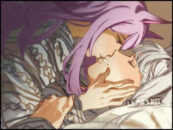  2girls animal_ears bath_yukata blunt_bangs blush closed_eyes commentary_request girl_on_top gold_ship_(umamusume) grey_hair grey_kimono hand_on_another's_cheek hand_on_another's_face highres horse_ears horse_girl imminent_kiss japanese_clothes kimono lampy_uikoko long_hair long_sleeves looking_at_another lying mejiro_mcqueen_(umamusume) multiple_girls on_back parted_lips purple_eyes purple_hair umamusume yukata yuri 