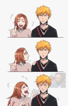  1boy 1girl 3koma bleach blonde_hair blush breasts brown_eyes brown_hair closed_eyes comic half-closed_eyes hand_on_another's_shoulder highres inoue_orihime ishowspeed_trying_not_to_laugh_(meme) japanese_clothes kurosaki_ichigo large_breasts laughing long_hair looking_to_the_side meme open_mouth pointing pointing_at_viewer pointy_hair smile sweater tears teeth tongue tongue_out unamused unamused_friend_comic_(meme) 