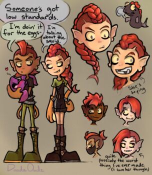  absurdres arrow_(symbol) artist_name asymmetrical_hair black_mask black_overalls black_shirt blush boots braid brown_boots brown_socks chum_(splatoon) closed_mouth colored_sclera commentary covered_mouth dark_skin doodzoodz english_commentary english_text fang fangs fish_boy fish_girl frying_pan gloves green_boots green_pants green_shirt grey_background heart highres holding holding_frying_pan humanization inkling inkling_(swim_form) long_hair mask missing_tooth mohawk mouth_mask nintendo nostrils open_mouth orange_gloves original overall_shorts overalls pale_skin pants personification pointy_ears red_hair salmonid shirt short_hair short_sleeves sidecut simple_background single_braid smile socks speech_bubble splatoon_(series) squid standing undercut yellow_sclera 