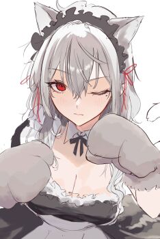  1girl :| alternate_costume animal_ears animal_hands black_bow bow breasts cat_ears cat_paws cat_tail choker cleavage closed_mouth detached_collar dress enmaided frilled_dress frills genderswap genderswap_(mtf) gloves grey_hair hair_between_eyes hair_ribbon hashtag-only_commentary highres long_hair looking_at_viewer maid maid_headdress mole mole_under_eye nijisanji one_eye_closed pa_factory paw_gloves pointy_ears red_eyes red_ribbon ribbon sanya_(kuzuha) simple_background solo tail upper_body virtual_youtuber white_background 