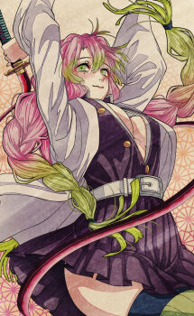  1girl arms_behind_head arms_up black_jacket black_skirt breasts cleavage closed_mouth demon_slayer_uniform dress_shirt floating_hair gradient_hair green_eyes green_hair haori highres holding holding_sword holding_weapon jacket japanese_clothes jubako_(nest_of_boxes) kanroji_mitsuri kimetsu_no_yaiba large_breasts long_hair long_sleeves miniskirt mole mole_under_eye multicolored_hair open_clothes open_jacket open_shirt pink_hair pleated_skirt shirt skirt smile solo sword thighhighs very_long_hair weapon white_shirt zettai_ryouiki  rating:Sensitive score:11 user:danbooru