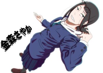  1girl asymmetrical_bangs black_hair commentary eizouken_ni_wa_te_wo_dasu_na! eyewear_on_head freckles from_above glasses kanamori_sayaka long_hair necktie school_uniform shibahama_high_school_uniform shinku_p skirt solo white_hair 