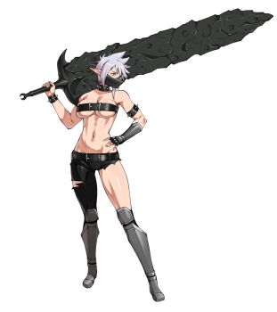  1girl armlet armored_boots asymmetrical_clothes axl_crow belt belt_bra belt_buckle black_belt black_pants blue_eyes boots bracelet bracer breasts buckle commentary demonherd english_commentary full_body grey_hair hand_on_own_hip highres holding holding_sword holding_weapon huge_weapon jewelry large_breasts mask metal_mask mouth_mask navel pants pointy_ears seyhla_(demonherd) short_hair simple_background single_bracer single_pantsleg solo spiked_armlet spiked_bracelet spikes standing stomach sword torn_clothes torn_pants weapon white_background 