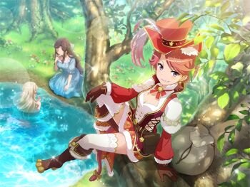  3girls bell blue_dress boots breasts brown_boots brown_gloves brown_hair cleavage cleavage_cutout clothing_cutout cosplay dress earrings faceless faceless_female game_cg gloves grey_hair hat isurugi_futaba jewelry long_hair long_sleeves looking_at_viewer multiple_girls neck_bell official_art on_tree partially_submerged pond puffy_short_sleeves puffy_sleeves purple_eyes puss_in_boots_(fairy_tale) puss_in_boots_(fairy_tale_character) puss_in_boots_(fairy_tale_character)_(cosplay) red_hat red_skirt sack saijou_claudine short_hair short_sleeves shoujo_kageki_revue_starlight shoujo_kageki_revue_starlight_-re_live- sitting skirt small_breasts smirk solo_focus tendou_maya thighhighs water white_thighhighs 