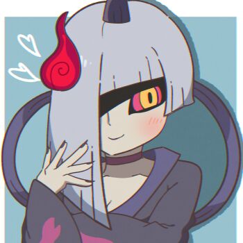  1girl aqua_background asymmetrical_hair blush border colored_sclera fukai_(youkai_watch) grey_hair hair_over_one_eye heart highres hitodama looking_to_the_side osuzu_san outside_border red_sclera simple_background upper_body white_border yellow_eyes youkai_(youkai_watch) youkai_watch 