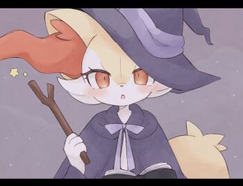  1other :o blush book bow braixen cloak furry gen_6_pokemon grey_background hat highres holding kuzuyu nintendo open_mouth orange_eyes orange_fur other_focus pokemon pokemon_(creature) solo star_(symbol) stick tail white_fur witch_hat yellow_fur 