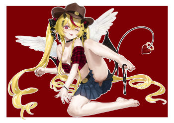  1girl agemmata alternate_costume alternate_hairstyle alternative_version_available anus anus_peek black_bow black_horns black_panties blonde_hair bow breasts crossed_bangs demon_tail feathered_wings feet frilled_skirt frills full_body hair_between_eyes hair_bow hair_ornament hair_spread_out hairclip highres horns long_sidelocks lying multicolored_hair nail_polish navel nipples no_panties one_eye_closed one_leg_raised panties panties_around_toe phase_connect pointy_ears red_background red_bow red_eyes red_hair remilia_nephys sidelocks skirt solo spread_toes streaked_hair tail tail_ornament toe-point toenail_polish toenails toes tongue tongue_out underwear very_long_sidelocks virtual_youtuber white_wings wiggling_toes wings wink  rating:Questionable score:14 user:Nao