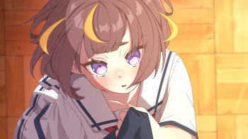  1girl :o anya_melfissa aobara_hairi basketweave blonde_hair blush brown_hair clothes_grab highres hololive hololive_indonesia looking_at_viewer multicolored_hair neckerchief necktie necktie_grab neckwear_grab parted_lips pov pov_adoring purple_eyes red_neckerchief school_uniform serafuku short_hair solo_focus streaked_hair virtual_youtuber white_serafuku wooden_floor 