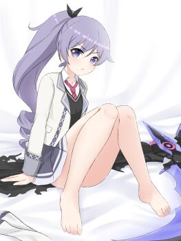  1girl absurdres barefoot feet highres light_blush long_hair looking_at_viewer ongeki ponytail purple_eyes purple_hair samiko socks takase_rio toes white_socks 