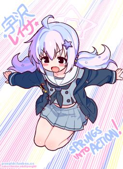  1girl action ahoge badge blue_archive blue_hair blush breasts brown_eyes cardigan english_text flat_chest flying hair_ornament hairclip halo japanese_text jumping long_hair low_twintails midriff motion_lines multicolored_hair open_mouth pink_hair pongldr purple_hair reisa_(blue_archive) sailor_collar school_uniform self-upload simple_background skirt small_breasts socks solo_focus speed_lines thighs twintails  rating:General score:13 user:pongu